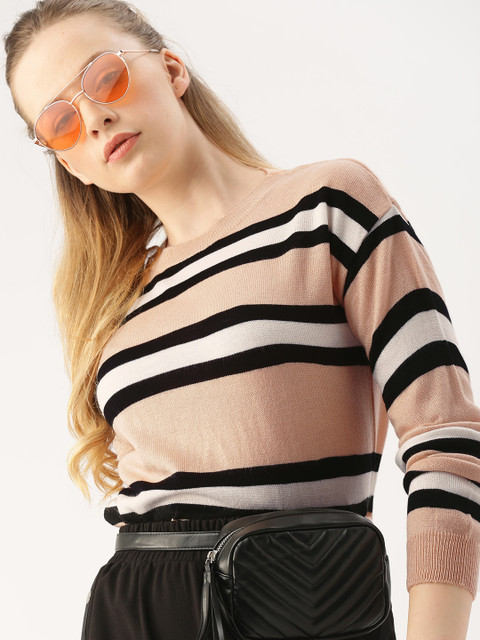 

DressBerry Women Peach-Coloured & White Striped Sweater