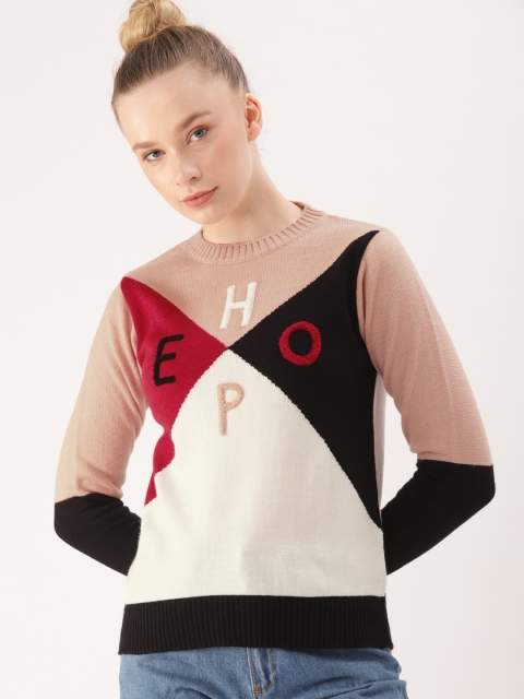 

DressBerry Women Peach & White Colourblocked Sweater