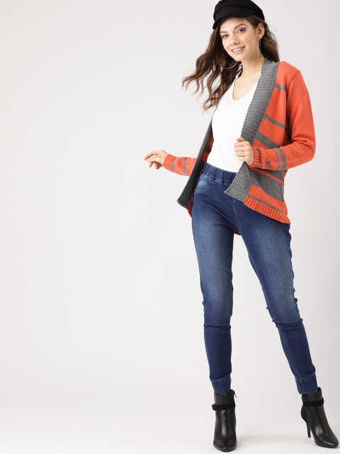 

DressBerry Women Orange & Grey Striped Open-Front Sweater