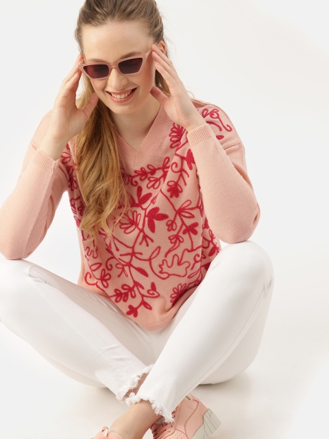 

DressBerry Women Peach-Coloured & Red Embroidered Sweater