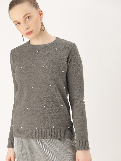 

DressBerry Women Grey Solid Embellished Sweater