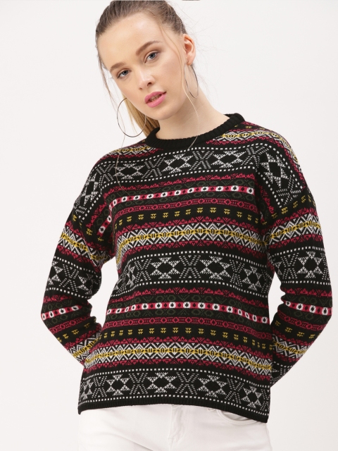 

DressBerry Women Black & Coral Pink Self Design Sweater