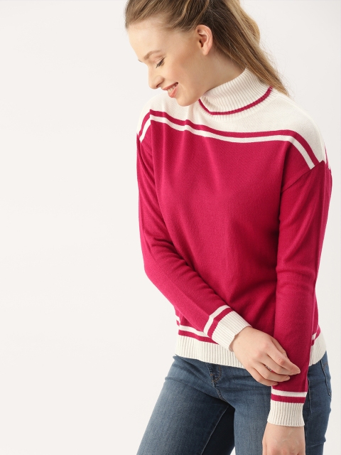 

DressBerry Women Pink & White Colourblocked Turtle Neck Sweater
