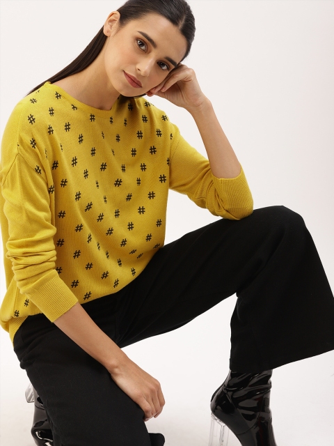 

DressBerry Women Mustard Yellow & Black Printed Sweater