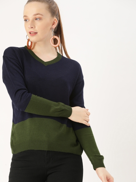 

DressBerry Women Navy Blue & Olive Green Colourblocked Sweater