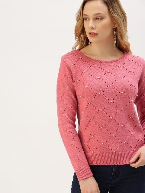 

DressBerry Women Pink Self-Design Embellished Sweater