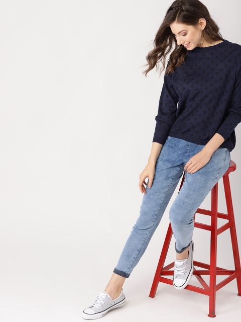 

DressBerry Women Navy Blue & Black Printed Sweater