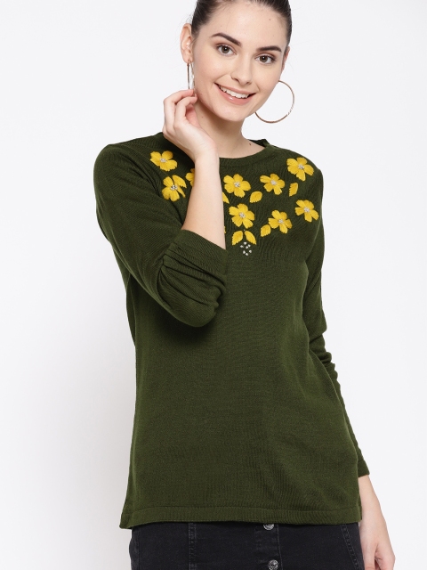 

DressBerry Women Olive Green & Yellow Embroidered Detail Sweater