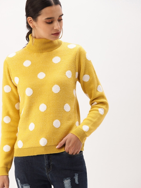

DressBerry Women Mustard Yellow & White Self-Design Sweater