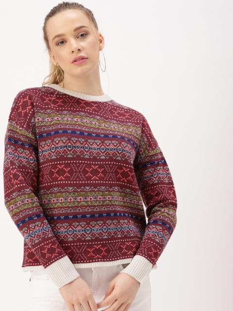

DressBerry Women Maroon & Blue Self Design Sweater