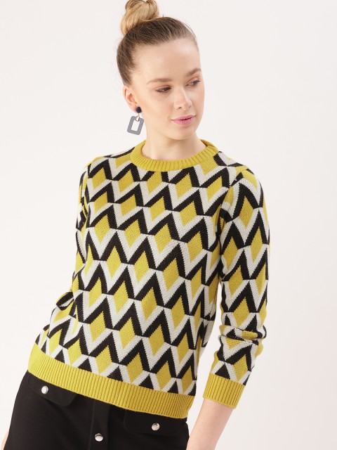 

DressBerry Women Mustard Yellow & White Self-Design Sweater