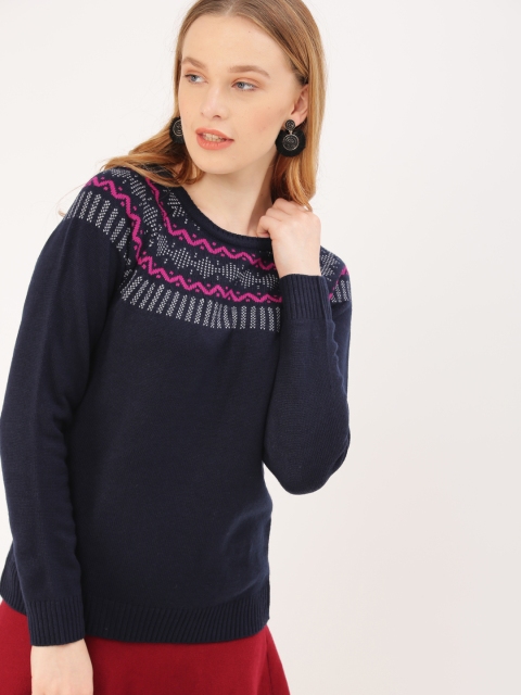 

DressBerry Women Navy Blue Embroidered Sweater