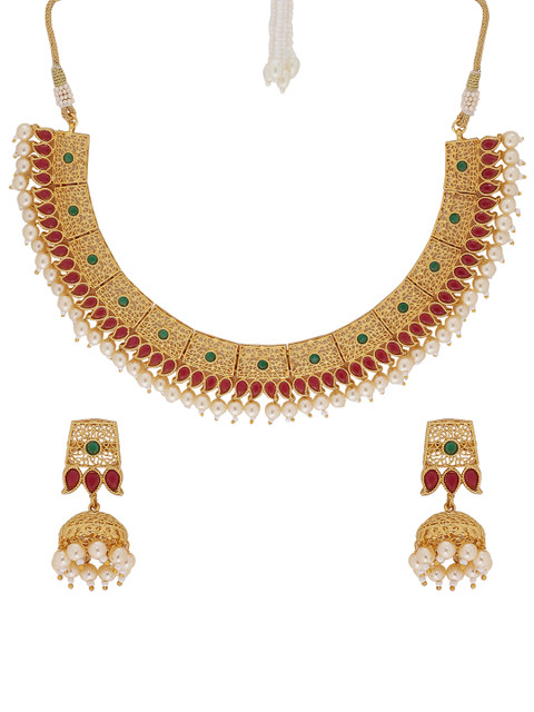 

Voylla Women Red & Gold-Toned Brass-Plated Handcrafted Jewellery Set