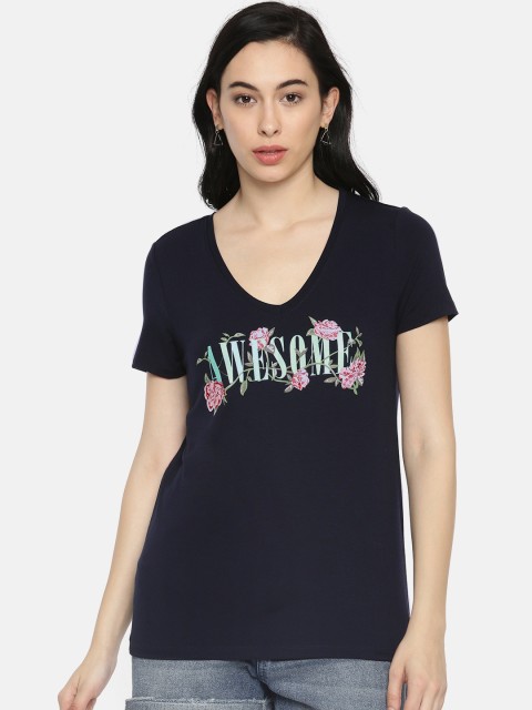 

Vero Moda Women Navy Printed V-Neck T-shirt, Navy blue