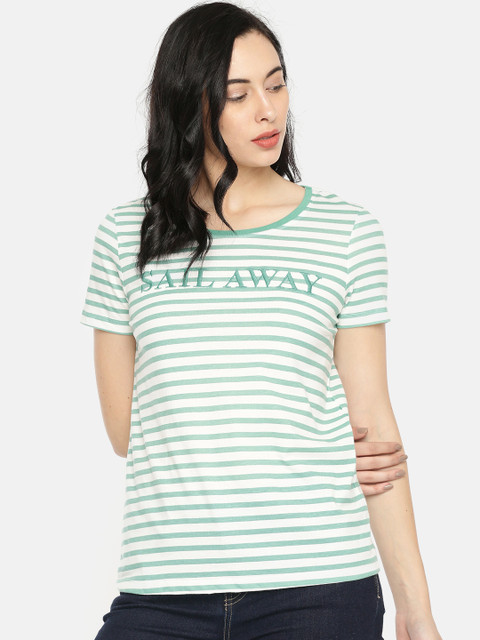

Vero Moda Women White and Green Striped Round Neck Pure Cotton T-shirt