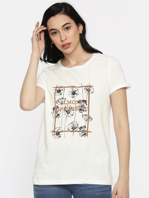 

Vero Moda Women White Printed Round Neck T-shirt