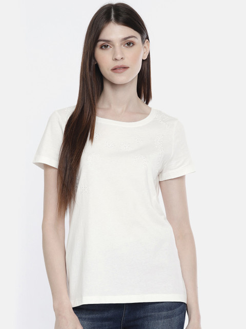 

Vero Moda Women White Embroidered Round Neck T-shirt