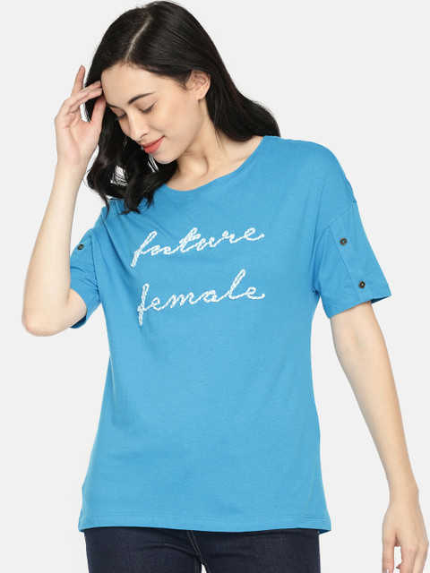 

Vero Moda Women Blue Embroidered Round Neck T-shirt