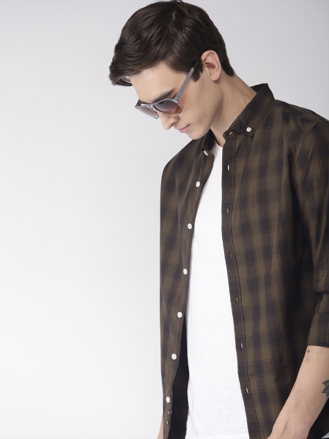 

Harvard Men Olive Green & Brown Slim Fit Checked Casual Shirt