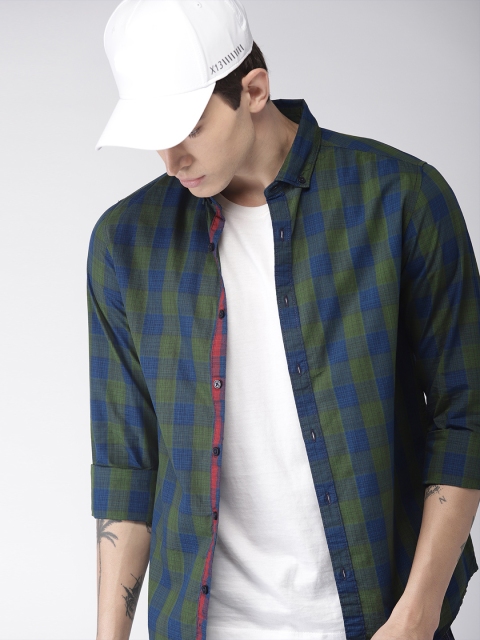 

Harvard Men Green & Blue Slim Fit Checked Casual Shirt
