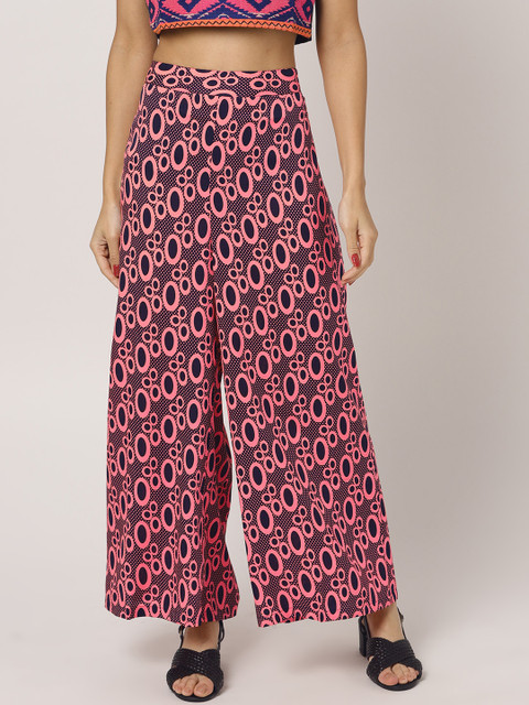 

MBE Women Pink & Navy Blue Printed Straight Palazzos