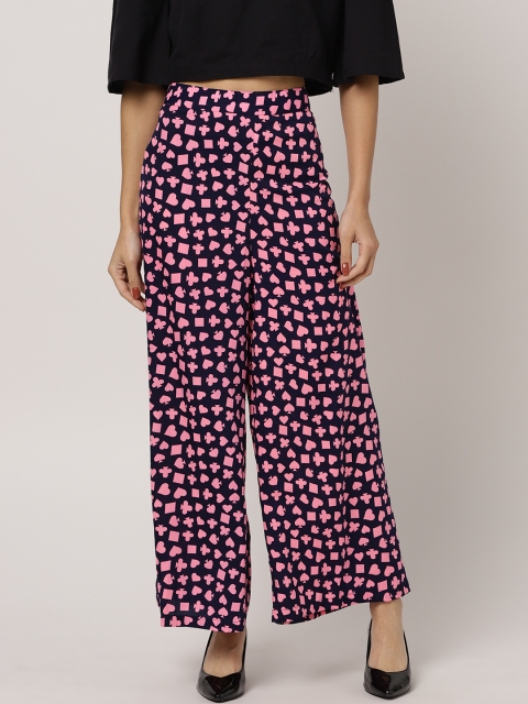 

MBE Women Pink & Navy Blue Printed Straight Palazzos