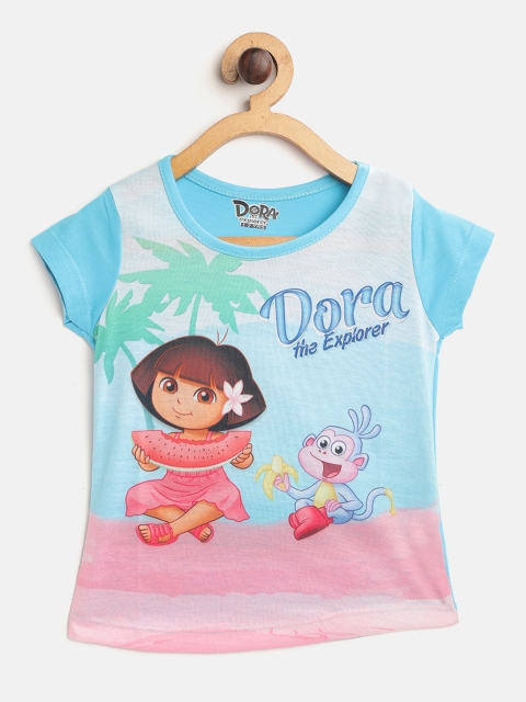 

Eteenz Girls Turquoise Blue Pure Cotton Dora Print Top