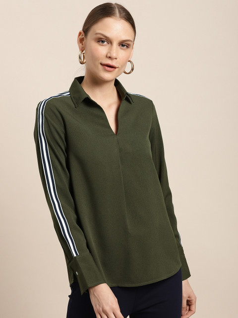 

her by invictus Women Olive Green Solid Smart Casual Shirt Style Top