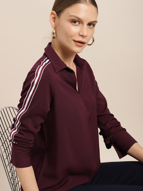 

her by invictus Women Maroon Solid Smart Casual Shirt Style Top