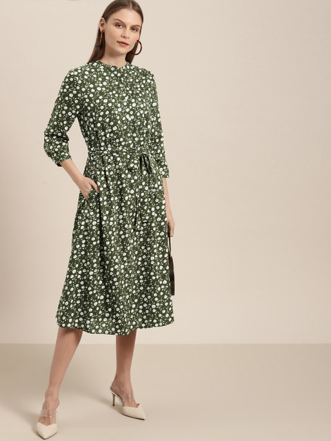 

her by invictus Women Olive Green & White Printed A-Line Dress