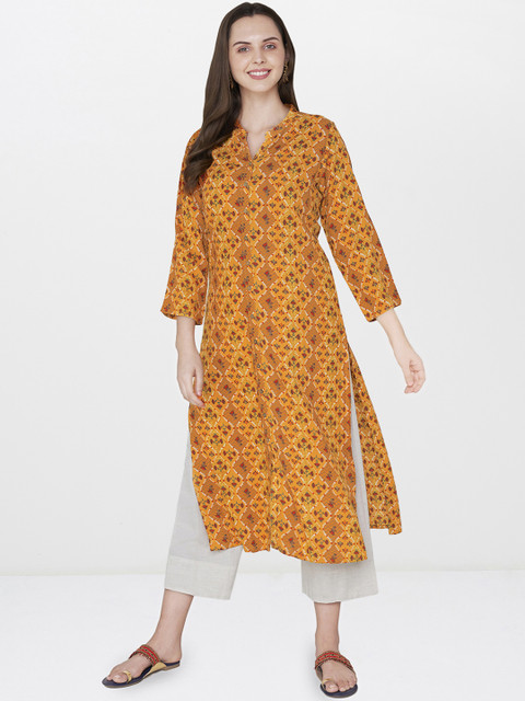 

Global Desi Mustard Yellow & Red Printed Straight Kurta
