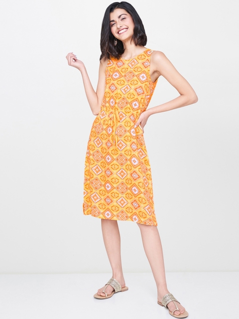 

Global Desi Women Mustard Yellow Printed Sheath Dress