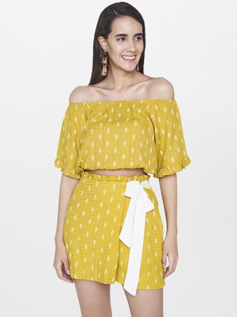 

Global Desi Women Mustard Yellow & Green Printed Crop Bardot Top