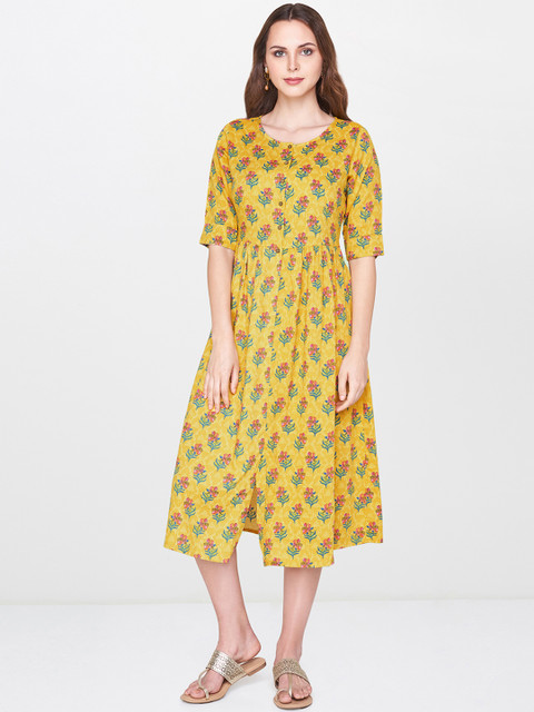

Global Desi Women Mustard Yellow & Pink Floral Print Midi Fit and Flare Dress