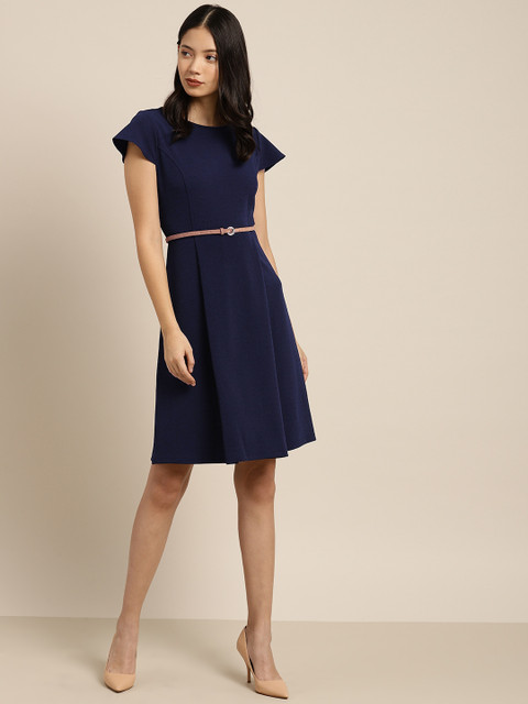 

her by invictus Women Navy Blue Solid Fit and Flare Dress