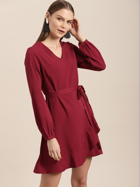 

her by invictus Women Maroon Solid Wrap Dress