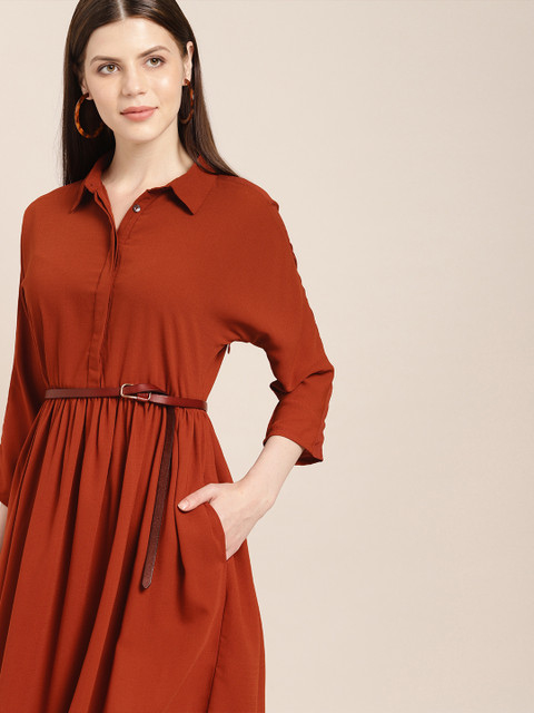 

her by invictus Women Solid Rust Brown Fit and Flare Dress