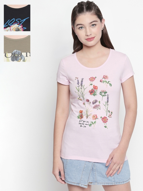 

Honey by Pantaloons Women Pack of 3 Printed Round Neck Pure Cotton T-shirt, Multi