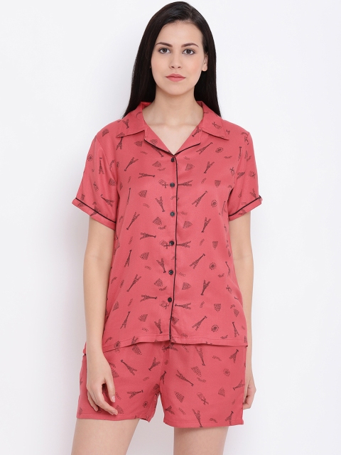 

Clovia Women Coral Red Printed Night Suit LS0226P04