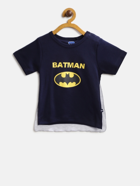 

Moms Love Boys Navy Blue & Grey Melange Batman Print Round Neck T-shirt with Attached Cape