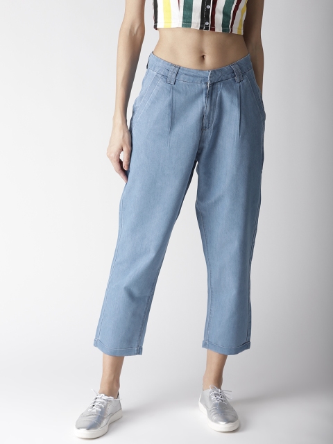 

Madame Women Blue Chambray Regular Fit Solid Cropped Trousers