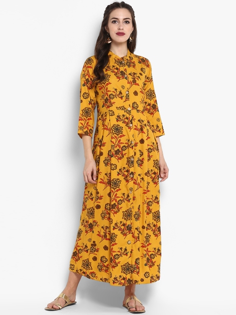 

aayusika Women Mustard Yellow Printed Maxi Dress