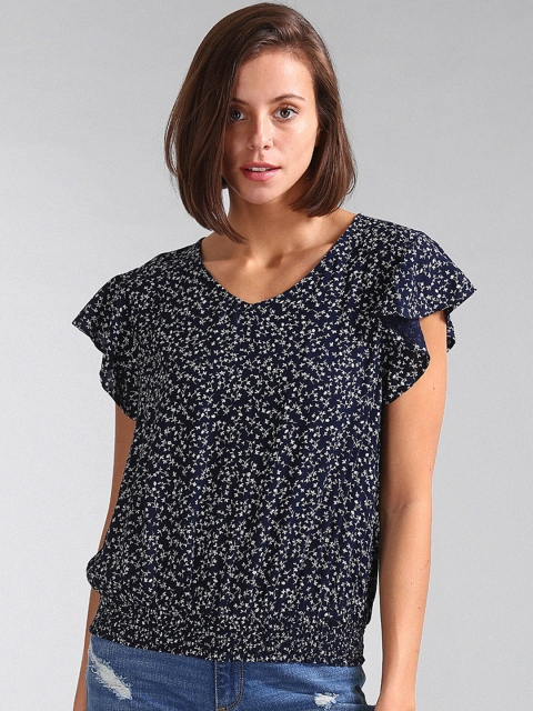 

GAP Blue Smocked Hem Printed Top