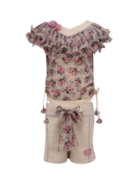 

CUTECUMBER Girls Beige & Pink Floral Printed Top with Shorts