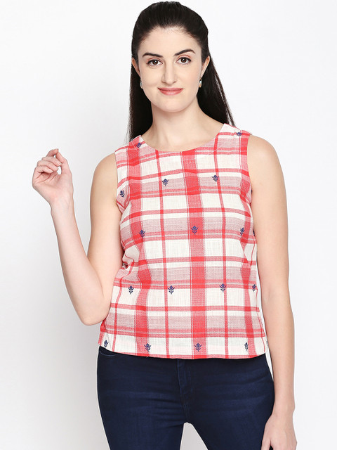 

AKKRITI BY PANTALOONS Women Coral Embellished Pure Cotton Top