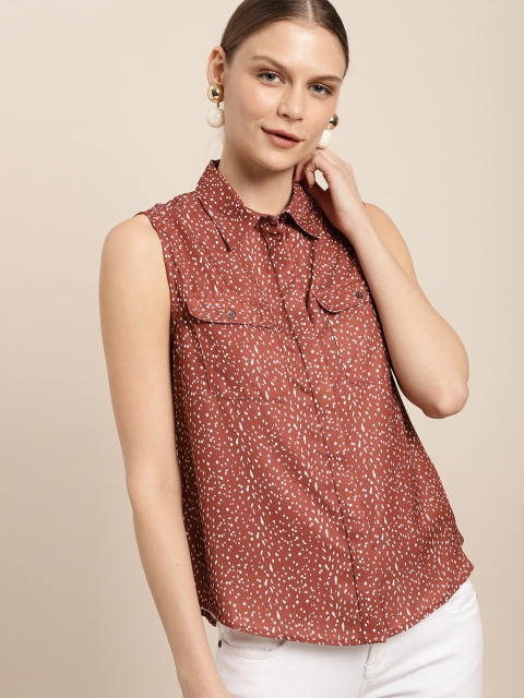 

her by invictus Women Brown & White Regular Fit Printed Casual Shirt