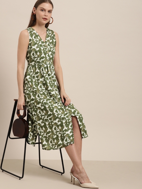

her by invictus Women Green & White Printed A-Line Dress