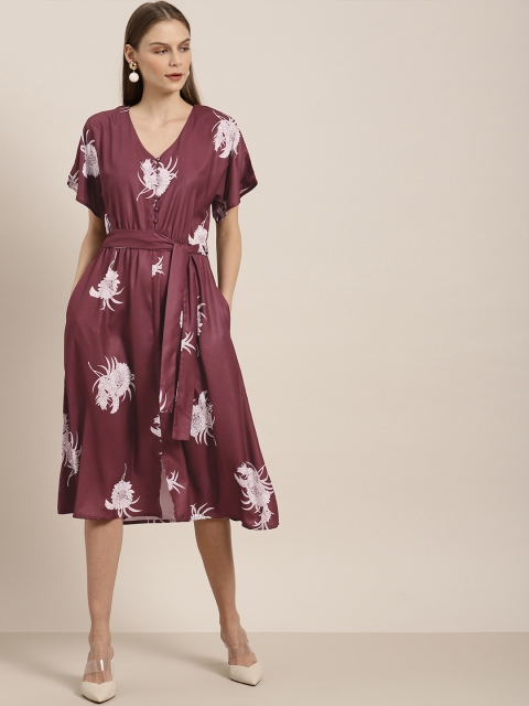 

her by invictus Women Burgundy & White Printed Fit and Flare Dress