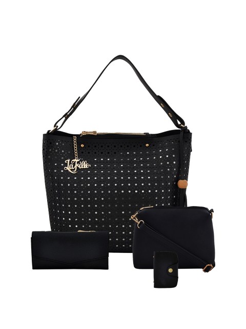 

LaFille Black Textured Hobo Bag with Pouch and Wallet with Card Holder