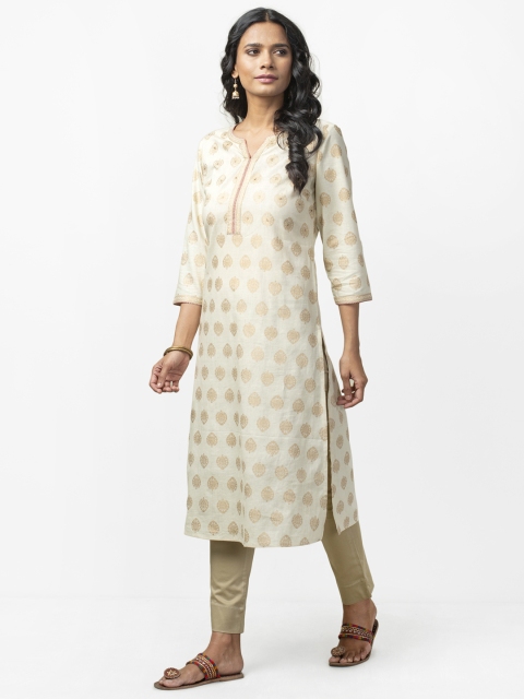 

Fabindia Women Off-White & Gold-Toned Printed Straight Kurta